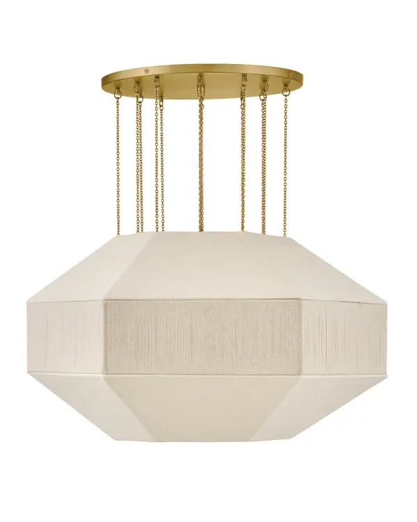 Elegant yet edgy, Lyla’s geometric Oatmeal Linen shade with a textured, wrapped middle band is suspended from refined Lacquered Brass micro-chains – inspired by delicate jewelry designs. A Lacquered Brass canopy, dimmable lamping, and etched white glass diffuser add subtle warmth and a sophisticated atmosphere to the surrounding space. - alternate view