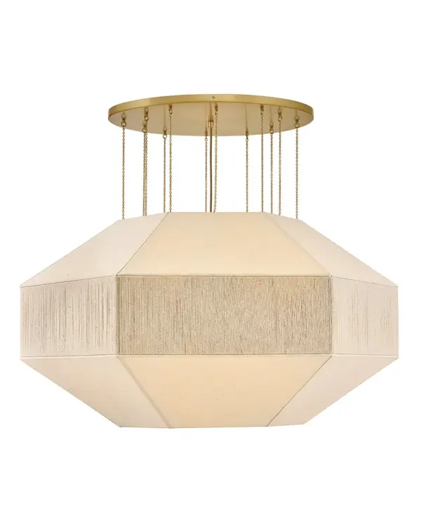 Elegant yet edgy, Lyla’s geometric Oatmeal Linen shade with a textured, wrapped middle band is suspended from refined Lacquered Brass micro-chains – inspired by delicate jewelry designs. A Lacquered Brass canopy, dimmable lamping, and etched white glass diffuser add subtle warmth and a sophisticated atmosphere to the surrounding space.