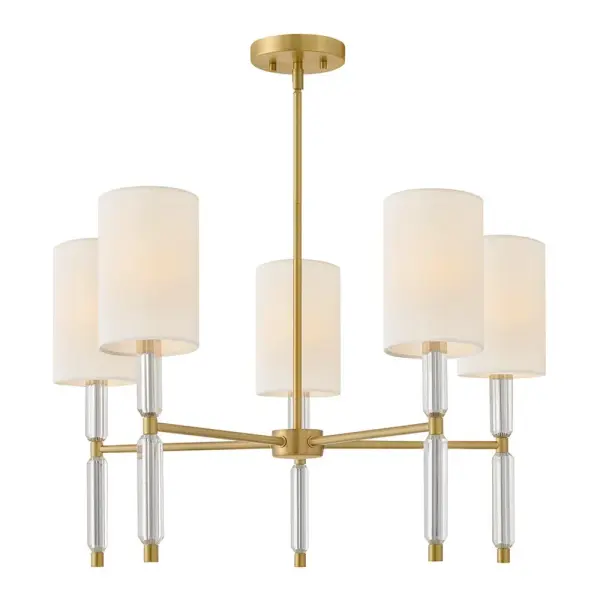 The Anika LED Chandelier combines glamorous cinched crystal stems with columnar white shades for a luxuriously sophisticated look. Energy-efficient integrated LED technology provides bright yet soft illumination, while the lacquered brass finish adds warmth and elegance to any space.
