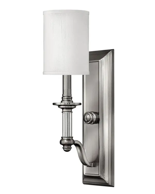 Sussex offers traditional charm with an edge of modern luxury. The Brushed Nickel finish, white fabric hardback shade, clear glass columns and candles adds to its sophistication. - alternate view