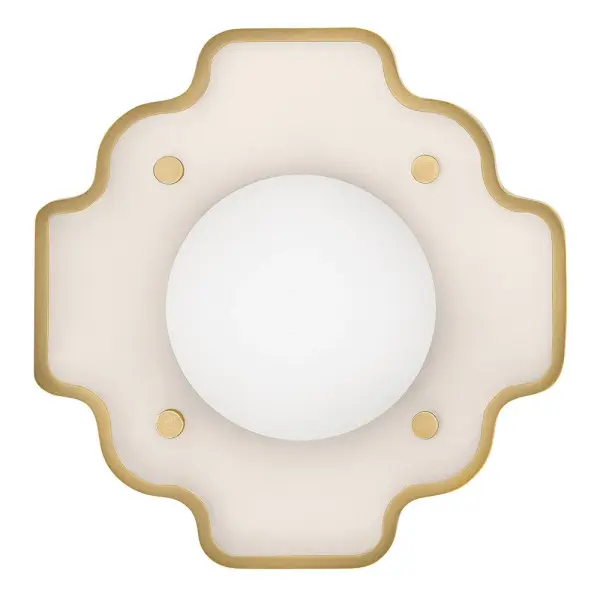 Ideal for cozy nooks or tight areas, Howe is well-constructed with a stunning geometric design, accentuated by its solid inset faceplate and contrasting knobs. Vibrant illumination shines through etched opal glass, enhancing your space with an optimized glow. Howe sconces can be effortlessly mounted on any wall or elegantly hung from the ceiling as a charming mini flush mount. - alternate view