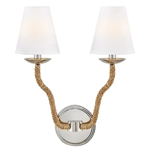 Add a touch of subtle coastal texture and transitional elegance to your décor. Harwich is crafted with slim, softly waved arms wrapped in natural fiber rope for added tactile richness. Contrasting bobeches, canopy, and decorative chain add contemporary accents with a Polished Nickel finish.
