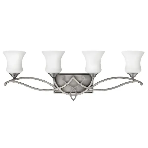 Brooke’s updated traditional look features a minimalist forged scroll design in Antique Nickel that elegantly complements its etched opal glass.