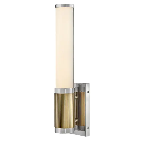 A timeless and tailored design with versatile, two-toned finish options ensures Zevi will shine among various décors. Both industrial in form and transitional in style, Zevi features a striking, signature ribbed cuff that centers an etched opal glass baton. This integrated LED sconce can be mounted vertically and horizontally and comes in three finish combinations.