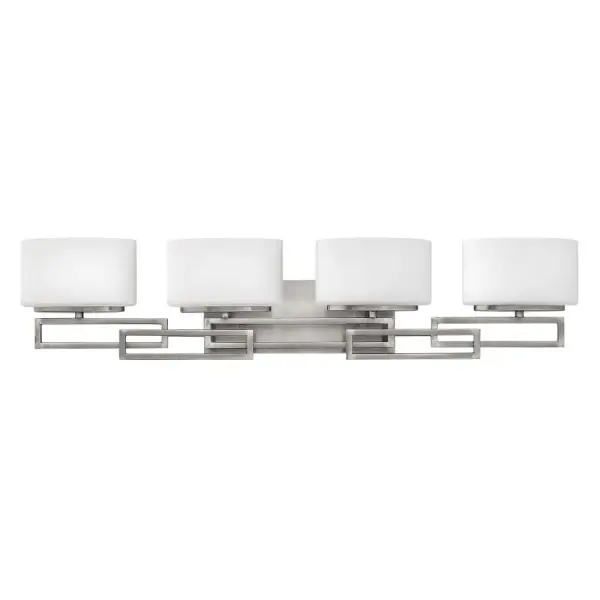 Lanza features contemporary styling with geometric patterns that are emphasized in Antique Nickel, Brushed Bronze and Buckeye Bronze finishes. The elongated oval, etched opal glass reinforces its sleek design.