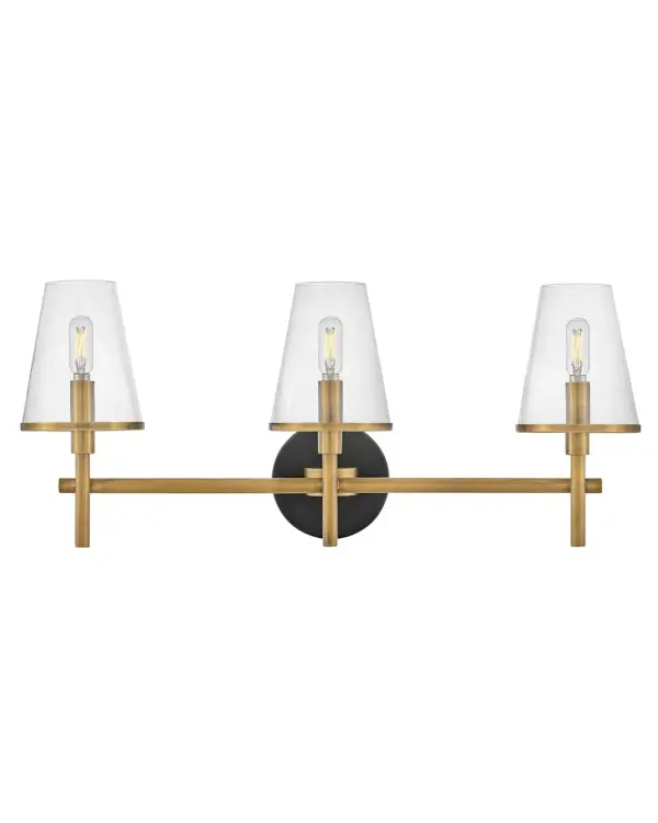 Marten has a clean, crisp look that brings striking transitional elements to any décor style. Clear glass shades have a Heritage Brass rim, perfectly complementing the Black back plate to tie the aesthetic together. The clean lines provide the satisfaction of balanced symmetry while giving off ample light.