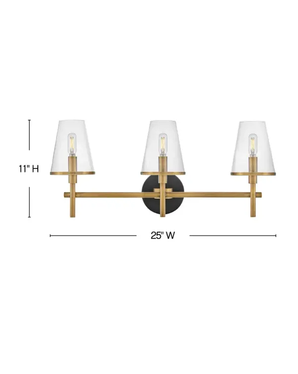 Marten has a clean, crisp look that brings striking transitional elements to any décor style. Clear glass shades have a Heritage Brass rim, perfectly complementing the Black back plate to tie the aesthetic together. The clean lines provide the satisfaction of balanced symmetry while giving off ample light. - alternate view