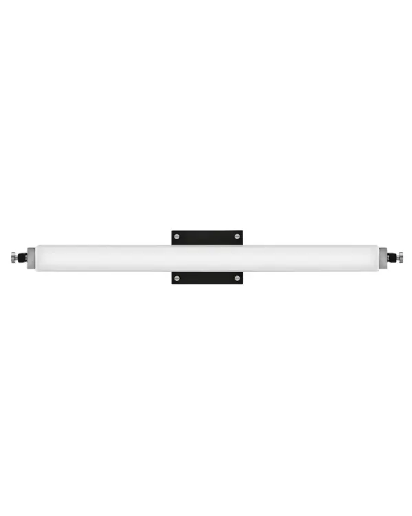 Rollins is both industrial in form and transitional in style. Unique rectangular etched opal glass has softly rounded edges offset by contrasting details on the backplate and the square knobs anchoring either end. This integrated LED design comes in two finish combinations, Black with Chrome and Black with Heritage Brass, and can be hung both vertically and horizontally.