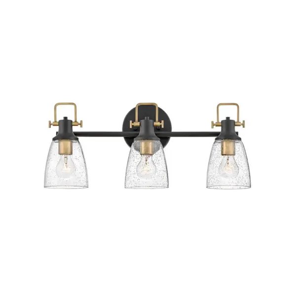 With style elements that blend both hip and historical, Easton exudes a modern industrial vibe. Bold clear seedy glass shades pair with a distinctive top yoke and vintage-inspired knobs for a robust silhouette. - alternate view