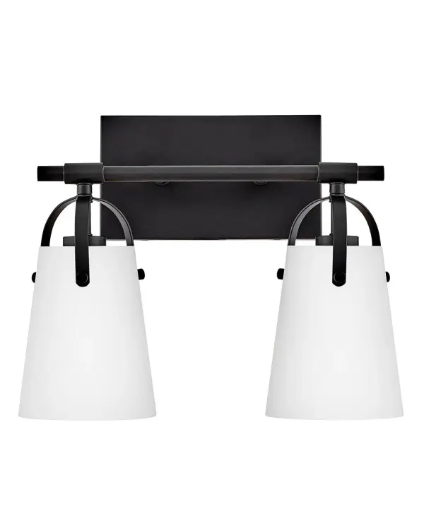 Clean and airy, Foster breathes composed simplicity into any bath space. Softly tapered glass shades suspended from arched handle prongs create a sophisticated transitional silhouette, enhanced by practical yet stylized details. - alternate view