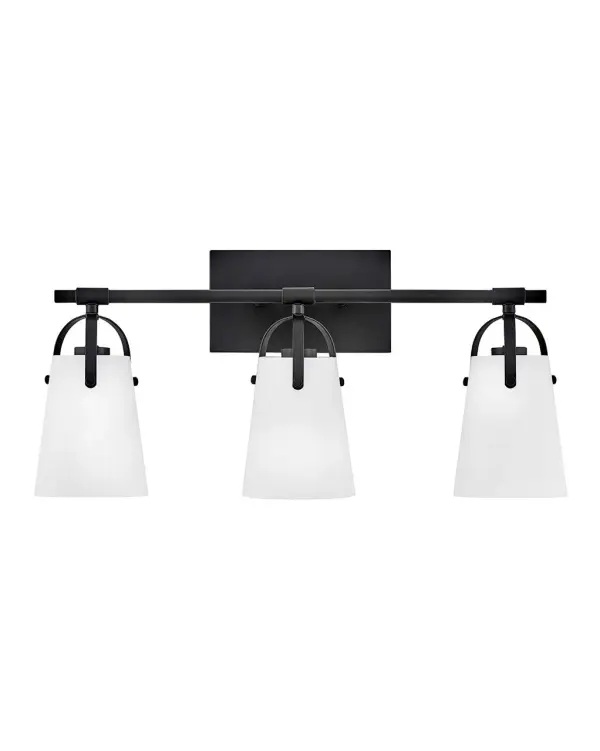 Clean and airy, Foster breathes composed simplicity into any bath space. Softly tapered glass shades suspended from arched handle prongs create a sophisticated transitional silhouette, enhanced by practical yet stylized details. - alternate view