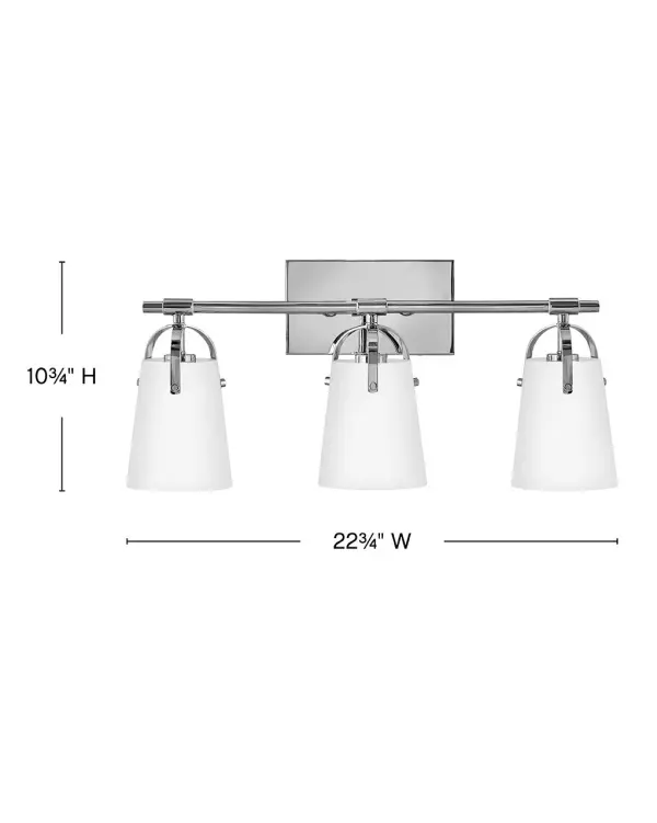 Clean and airy, Foster breathes composed simplicity into any bath space. Softly tapered glass shades suspended from arched handle prongs create a sophisticated transitional silhouette, enhanced by practical yet stylized details. - alternate view
