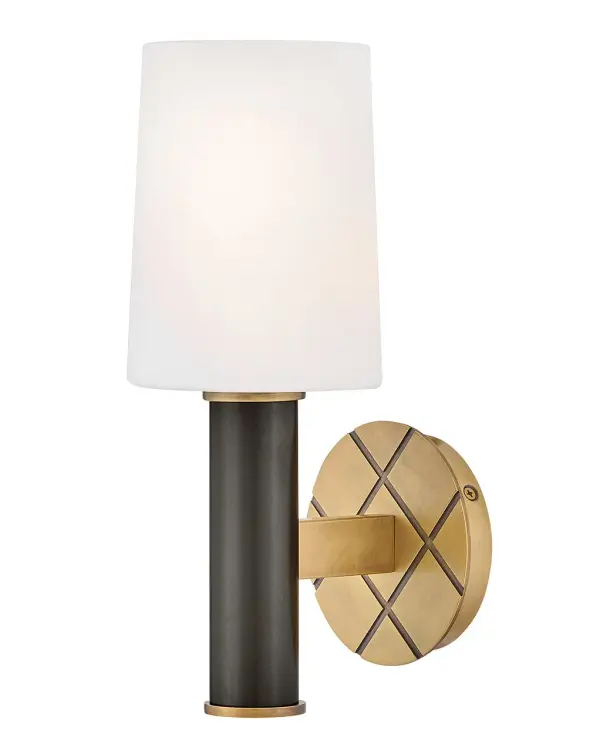 Featuring a geometric, crosshatch motif, Declan’s substantial silhouette is enhanced by a heavy cast backplate and stem accentuated by a contrasting, two-tone finish. A tall, tapered, etched opal glass shade creates softly diffused illumination and a comfortable atmosphere. - alternate view