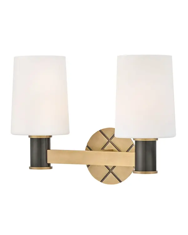 Featuring a geometric, crosshatch motif, Declan’s substantial silhouette is enhanced by a heavy cast backplate and stem accentuated by a contrasting, two-tone finish. Tall, tapered, etched opal glass shades create softly diffused illumination and a comfortable atmosphere. - alternate view