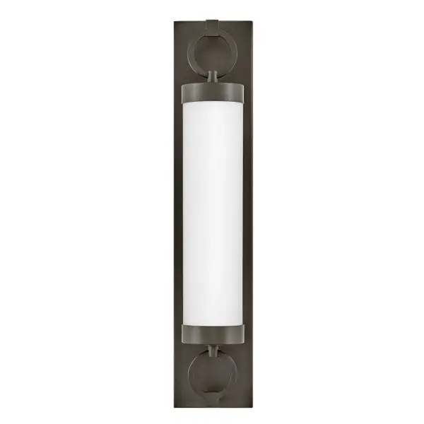For a fixture that is an industrial piece of art, look to Baylor. The sturdy back plate and decorative rings add a nice balance to the etched opal glass to finish off the strong, substantial look. Ideal for providing plenty of functional light, Baylor mounts cleanly to the wall vertically or horizontally to bring style to primary bath, powder rooms, and more. Baylor is part of the Lisa McDennon Collection.