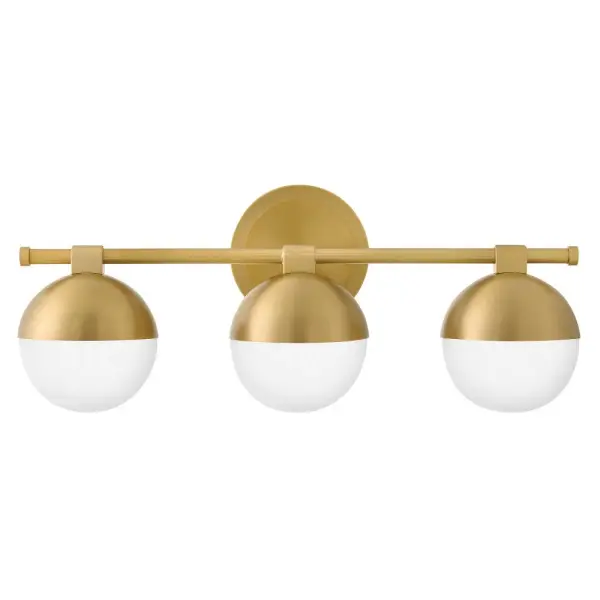 The Bowie LED Vanity seamlessly blends traditional and modern aesthetics with its etched opal glass globes and refined lacquered brass finish. Energy-efficient LED technology and dimmable functionality make it both beautiful and practical. - alternate view