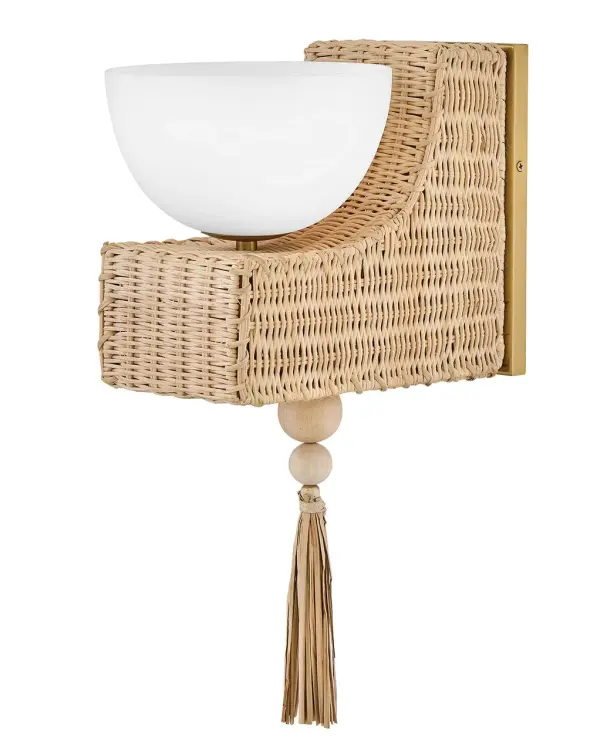 Named after a beach in Laguna, California, marked by a single, large palm leaf umbrella in the sand – Thalia’s distinctive, whimsical woven design evokes the relaxed, carefree spirit of coastal living. Natural raffia is complemented by a shallow opal glass bowl, and a playful tassel adds a fun bohemian touch that can be removed for a more streamlined look. - alternate view