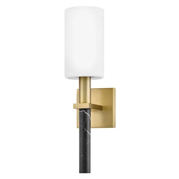 Polished with an understated silhouette, Turin is elevated by tall Etched Opal Glass and luxurious black marble stems. A minimalist backplate finished in vibrant Lacquered Brass complements the natural stone with an elegant touch of warm color. - alternate view