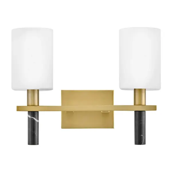 Polished with an understated silhouette, Turin is elevated by tall Etched Opal Glass and luxurious black marble stems. A minimalist backplate finished in vibrant Lacquered Brass complements the natural stone with an elegant touch of warm color. - alternate view