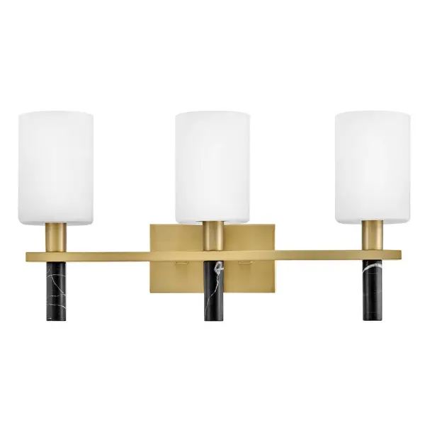 Polished with an understated silhouette, Turin is elevated by tall Etched Opal Glass and luxurious black marble stems. A minimalist backplate finished in vibrant Lacquered Brass complements the natural stone with an elegant touch of warm color. - alternate view