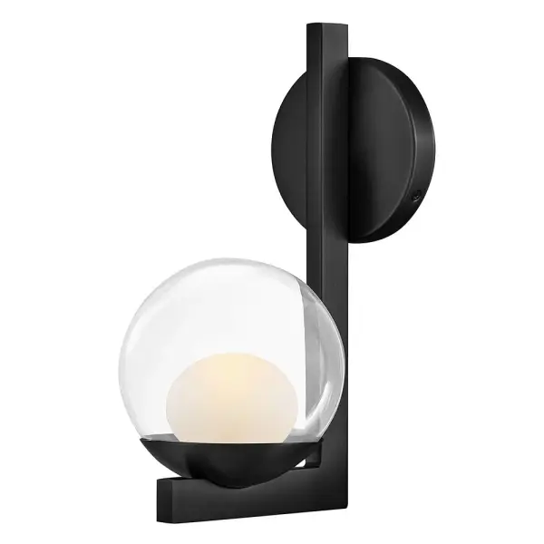 Sophisticated with an ultramodern twist, Sunni’s sleek design showcases a distinctive glass globe that artfully layers a clear glass outside with an etched white interior. A minimal backplate and frame are finished in a bold Black or luxurious Lacquered Brass finish to easily complement your space.