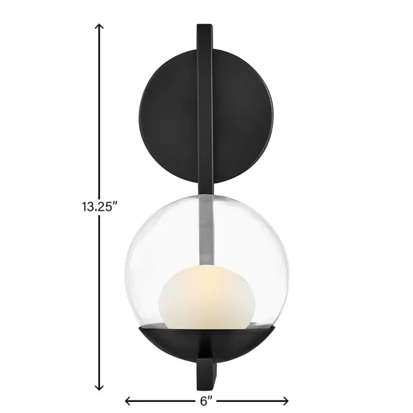 Sophisticated with an ultramodern twist, Sunni’s sleek design showcases a distinctive glass globe that artfully layers a clear glass outside with an etched white interior. A minimal backplate and frame are finished in a bold Black or luxurious Lacquered Brass finish to easily complement your space. - alternate view