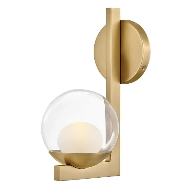 Sophisticated with an ultramodern twist, Sunni’s sleek design showcases a distinctive glass globe that artfully layers a clear glass outside with an etched white interior. A minimal backplate and frame are finished in a bold Black or luxurious Lacquered Brass finish to easily complement your space.