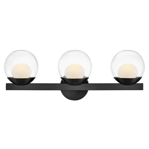 Sophisticated with an ultramodern twist, Sunni’s sleek design showcases a distinctive glass globe that artfully layers a clear glass outside with an etched white interior. A minimal backplate and frame are finished in a bold Black or luxurious Lacquered Brass finish to easily complement your space.