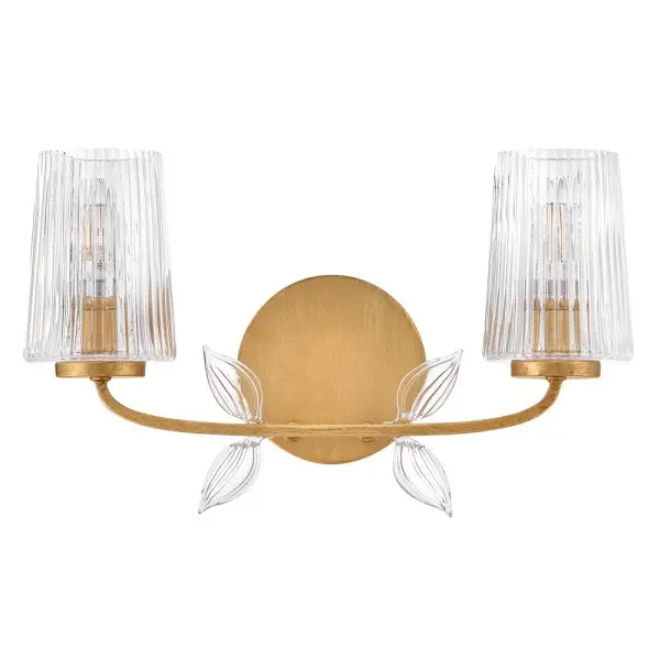 Feminine and romantic, Aliso’s thin, delicate frame is adorned with dainty, clear, pressed glass leaves. A hand-painted Distressed Brass finish enhanced by gold leaf makes a polished and luxurious statement in both traditional and modern settings - alternate view