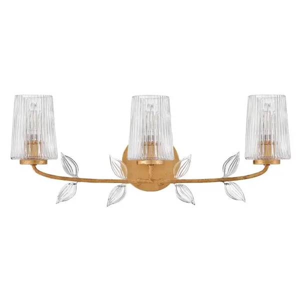 Feminine and romantic, Aliso’s thin, delicate frame is adorned with dainty, clear, pressed glass leaves. A hand-painted Distressed Brass finish enhanced by gold leaf makes a polished and luxurious statement in both traditional and modern settings - alternate view