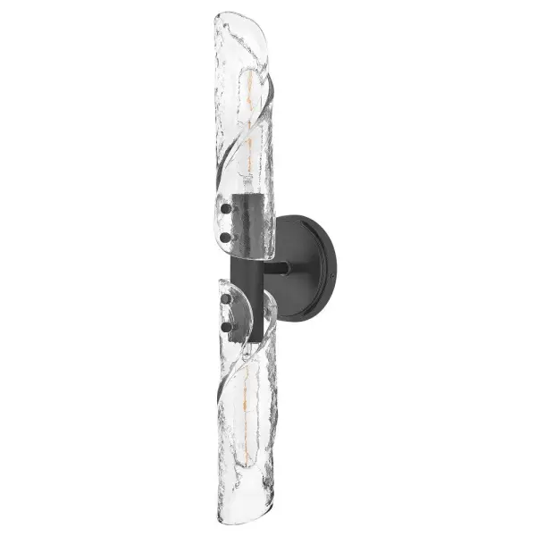 Evoking the movement of flowing water, Capri’s linear, clear glass shades are pressed to create a subtle crystalline texture, then twisted and shaped by hand. Metal backplates and rounded knobs finished in Black or Distressed Brass provide balance that anchors the organic form, resulting in a look that feels both refreshing and refined. - alternate view