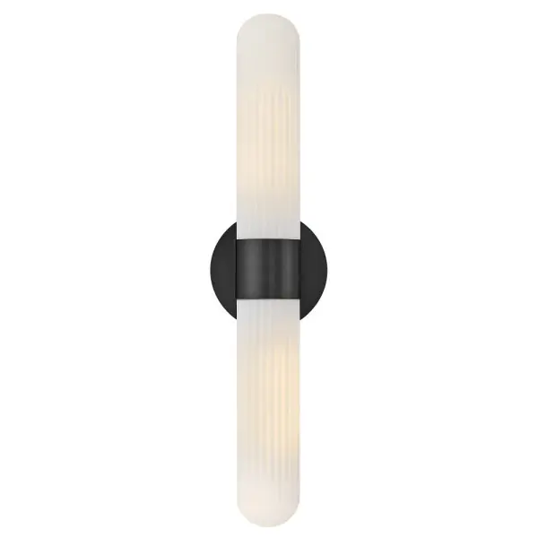 Blending transitional modern style with plenty of functional illumination, Nina is crafted to add a timeless accent to your bath or living space. Rounded Cased Opal glass shades with ribbed detailing glow beautifully, casting warm, even light throughout the surrounding room. A metal backplate and flared arm are finished in Black, Chrome, or Lacquered Brass to complement any décor effortlessly.