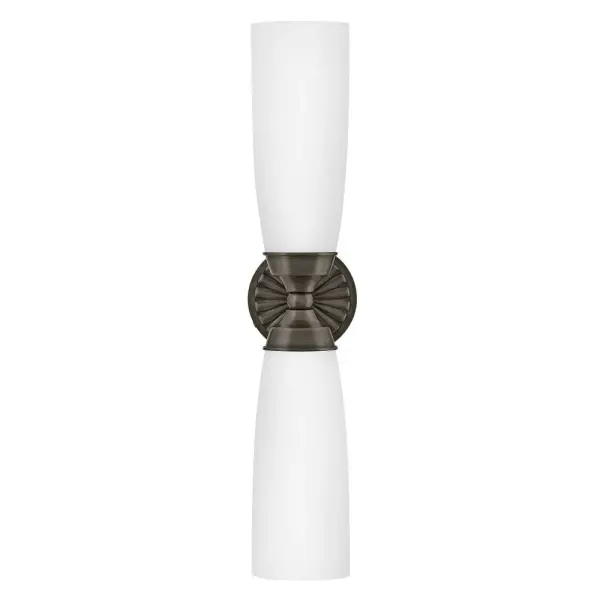 Blending the glamour of art deco design with midcentury style, Alexis showcases refined details elegantly contrasted by elongated, Etched Opal glass shades. A medallion backplate features a sunburst motif enhanced by hand-polished finishes and burnished detailing to create a rich, dimensional look that elevates any space - alternate view