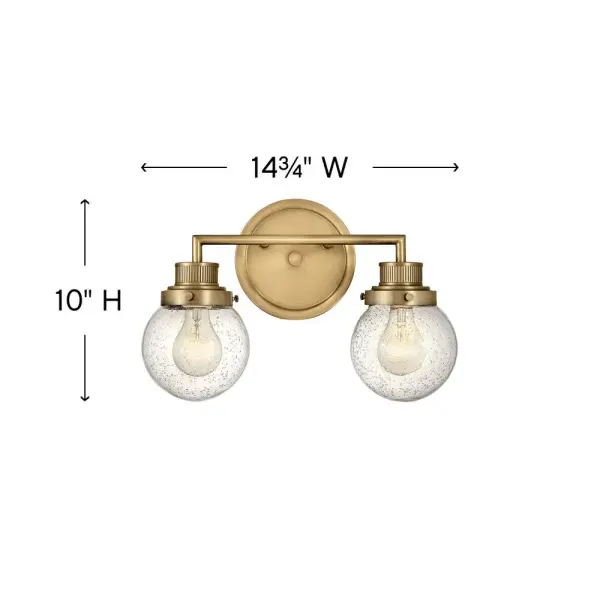 The Poppy LED Vanity combines vintage-inspired seedy glass spheres with contemporary LED technology and refined Heritage Brass finish. Its compact 14.75" width makes it ideal for smaller bathrooms while delivering sophisticated style. - alternate view