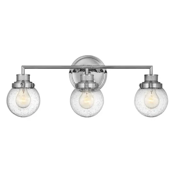Poppy features clear glass spheres that bubble out of the refined, ribbed Chrome or Heritage Brass fitters to create a simple, yet sophisticated silhouette. An elegant, stepped backplate and crisp crossbar anchor this airy design. Poppy showcases mid-century style with a spectacular spin.
