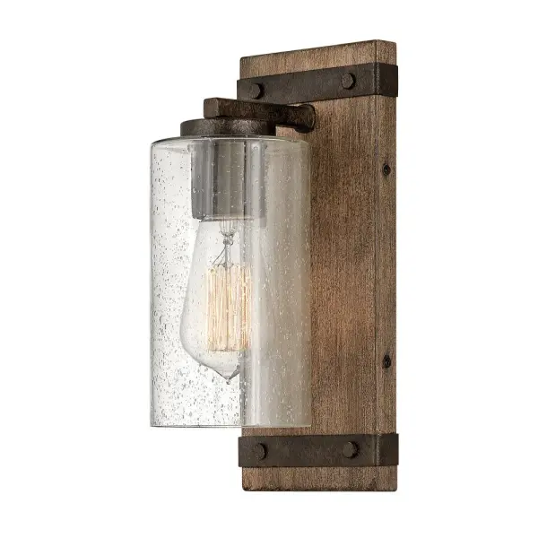 The fresh, rustic design of the Sawyer collection will enhance any living experience with a warm, cozy ambiance. The warm Sequoia wood finish is paired with Iron Rust accents and clear seedy glass for a farmhouse chic style.