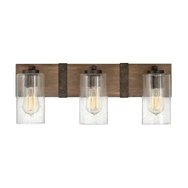 The fresh, rustic design of the Sawyer collection will enhance any living experience with a warm, cozy ambiance. The warm Sequoia wood finish is paired with Iron Rust accents and clear seedy glass for a farmhouse chic style.