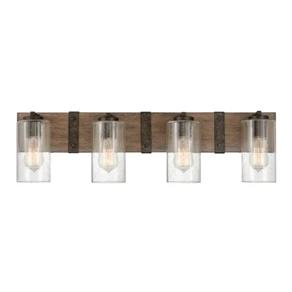 The fresh, rustic design of the Sawyer collection will enhance any living experience with a warm, cozy ambiance. The warm Sequoia wood finish is paired with Iron Rust accents and clear seedy glass for a farmhouse chic style.