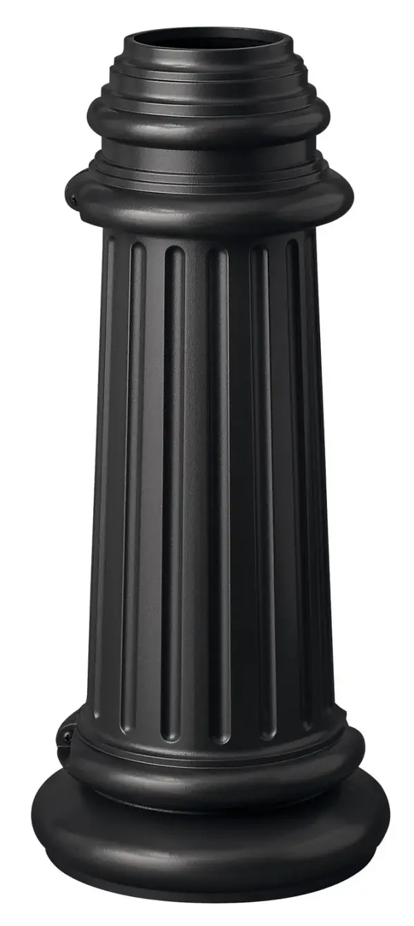 A direct burial slip base designed for secure outdoor post light installation. Constructed from weather-resistant aluminum with a black finish, this mounting accessory provides a stable foundation for post-mounted fixtures.