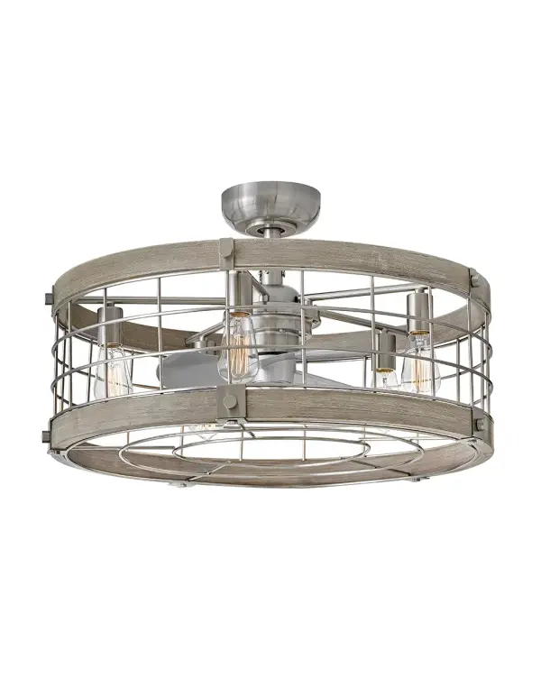 The Bryce fandelier combines a 5-light LED fixture with a 3-blade fan in a space-saving 27-inch design. Its industrial-rustic aesthetic and brushed nickel finish make it ideal for smaller rooms needing both light and air circulation.