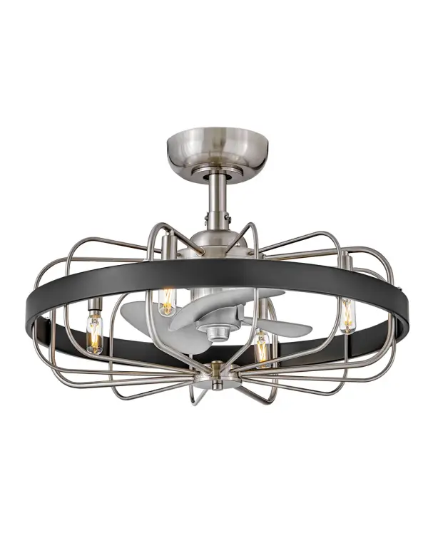 The Eli Fandelier combines modern industrial design with practical functionality in a compact 22-inch profile. Its brushed nickel finish with matte black accents delivers contemporary edge while the integrated LED light kit provides warm, efficient illumination.
