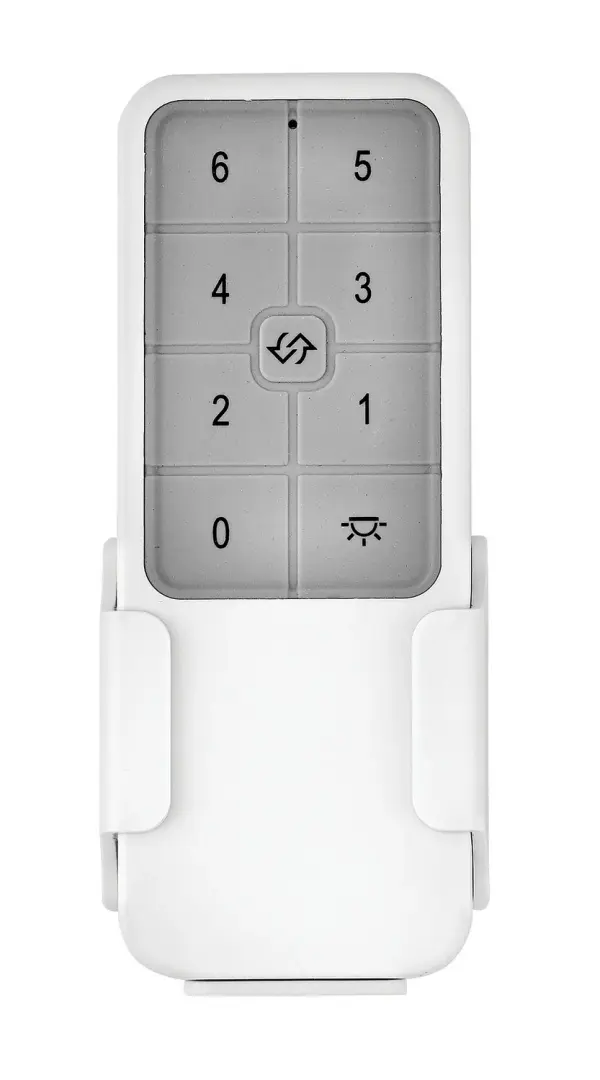 A handheld remote control offering six speed settings for DC motor ceiling fans. Compact white design fits easily in hand or mounts to wall. Simple operation for everyday fan control.