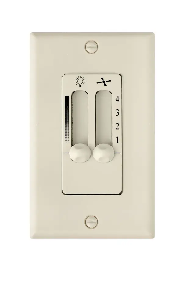 A practical wall-mounted fan control offering four speed settings through dual slide switches. The almond finish provides a neutral aesthetic that blends with most interior color schemes.