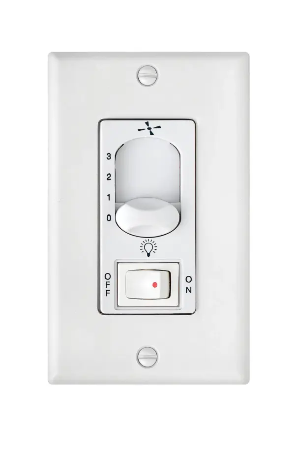 A practical wall-mounted control that manages both fan speed and lighting in one compact unit. The white finish integrates seamlessly with standard wall plates, while three-speed functionality provides flexible comfort control.