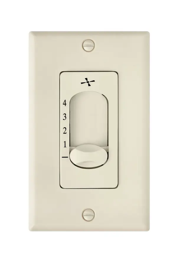 A straightforward wall-mounted fan control offering four speed settings via a traditional slide mechanism. The almond finish provides a neutral aesthetic that blends with most interiors. Ideal for residential ceiling fan installations.