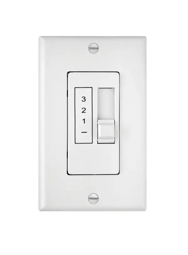 A straightforward wall-mounted slide control offering three fan speeds in a clean white finish. Compact design fits standard wall boxes and provides reliable speed adjustment for ceiling fans up to 5 amps.