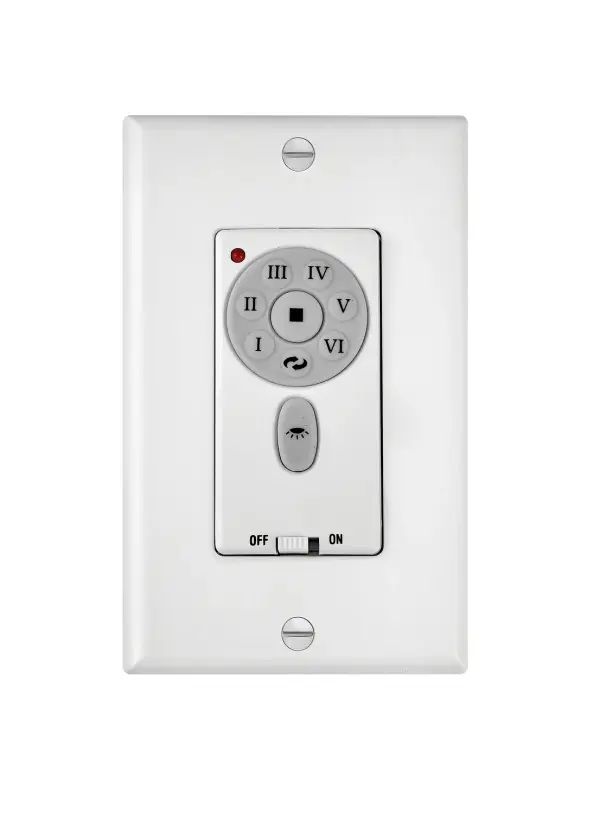 A compact wall-mounted control offering six speed settings for DC motor ceiling fans. The clean white finish integrates seamlessly into contemporary interiors while providing precise fan speed management.
