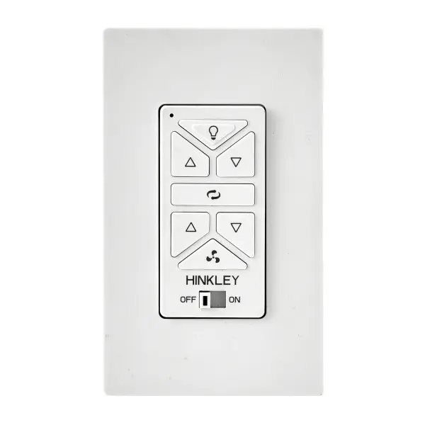 The HIRO wall control offers comprehensive ceiling fan management with six speed settings, reversing capability, and integrated light control. Its hardwired design eliminates battery maintenance while the compact composite faceplate fits standard switch boxes.