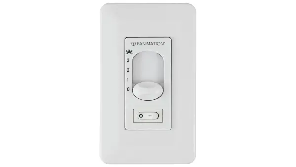 Straightforward wall-mounted control combining a 3-speed fan slide control with a toggle light switch. Includes faceplate and supports standard 3-wire installation for non-reversible fans.