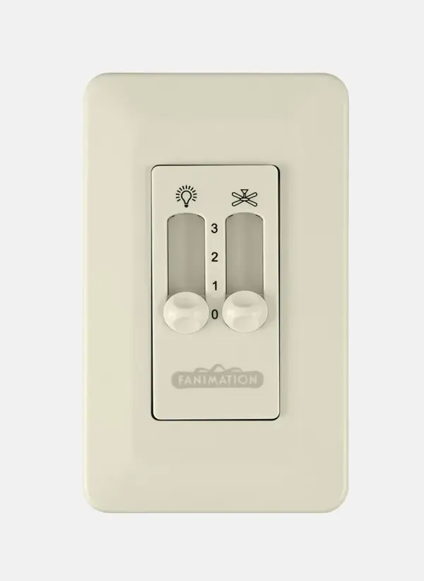 The CW2 wall control offers straightforward 3-speed fan control and 3-position light dimming in a compact slide design. Perfect for homeowners seeking reliable, no-frills control without remote complexity. - alternate view